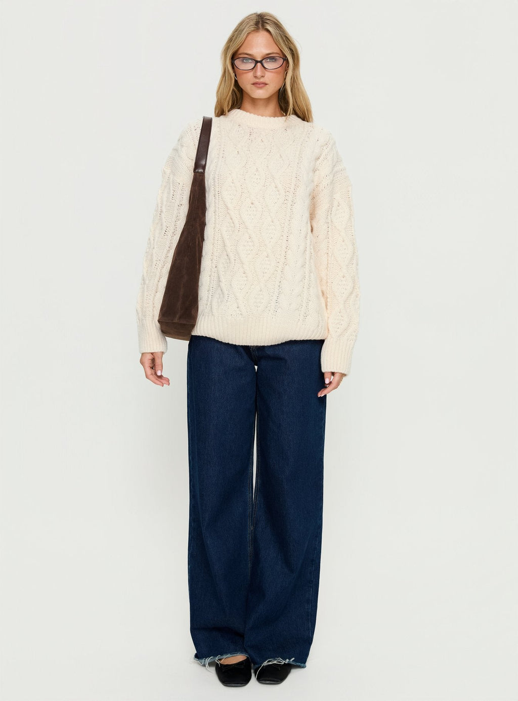 Rorey Cable Knit Crew Neck Sweater White