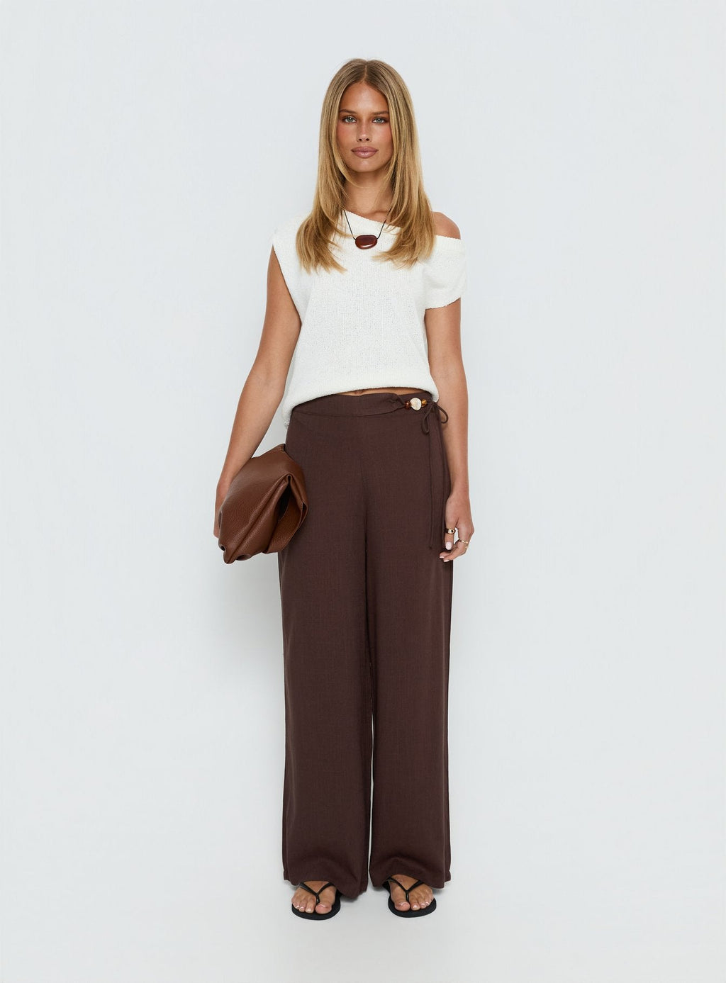 Pine For You Bead Detail Linen Pant Brown