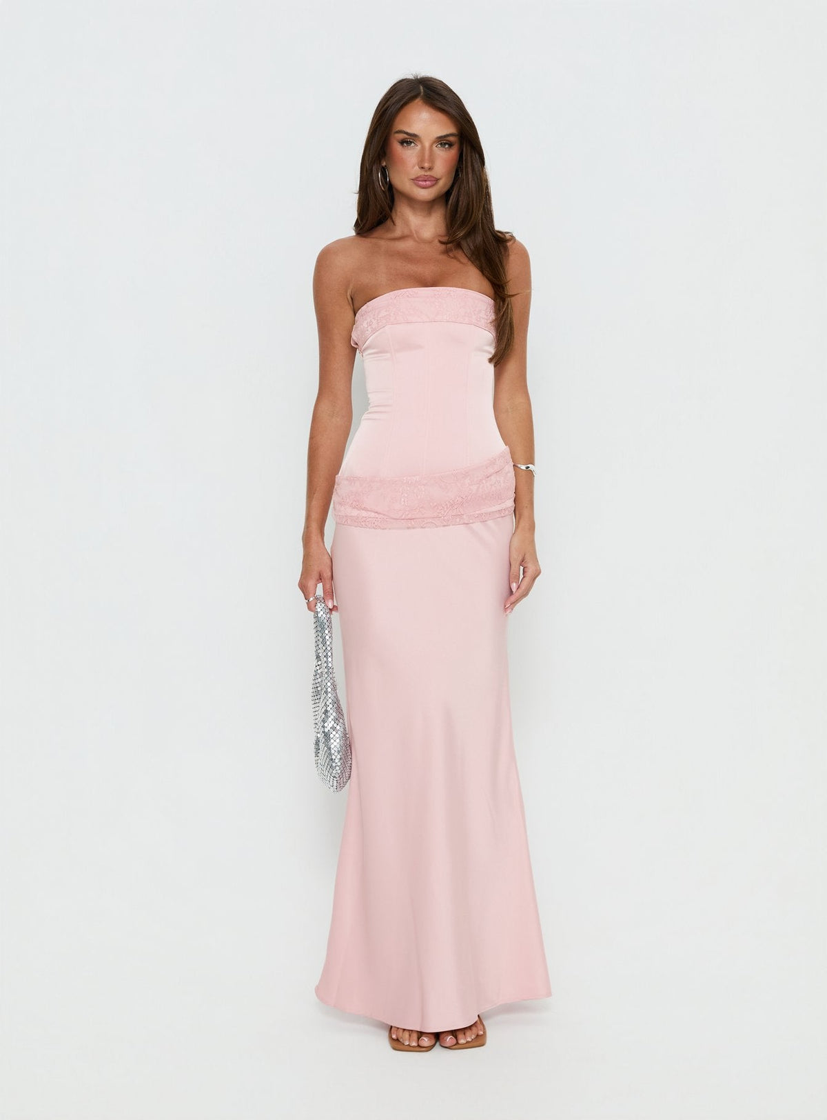 Sura Strapless Lace Detail Maxi Dress Pink
