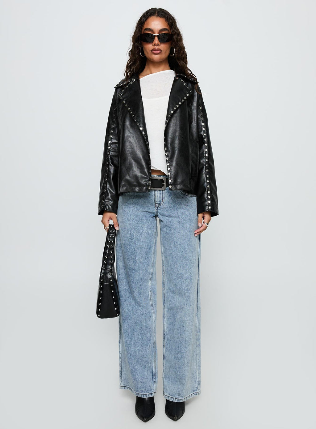 Kaeden Faux Leather Stud Detail Biker Jacket Black