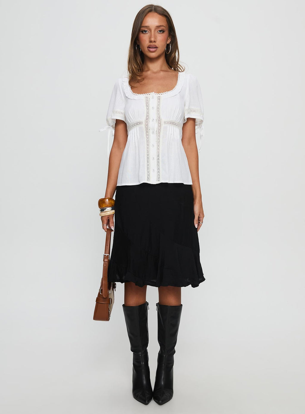 Indianah Pleat Lace Panel Blouse Top White