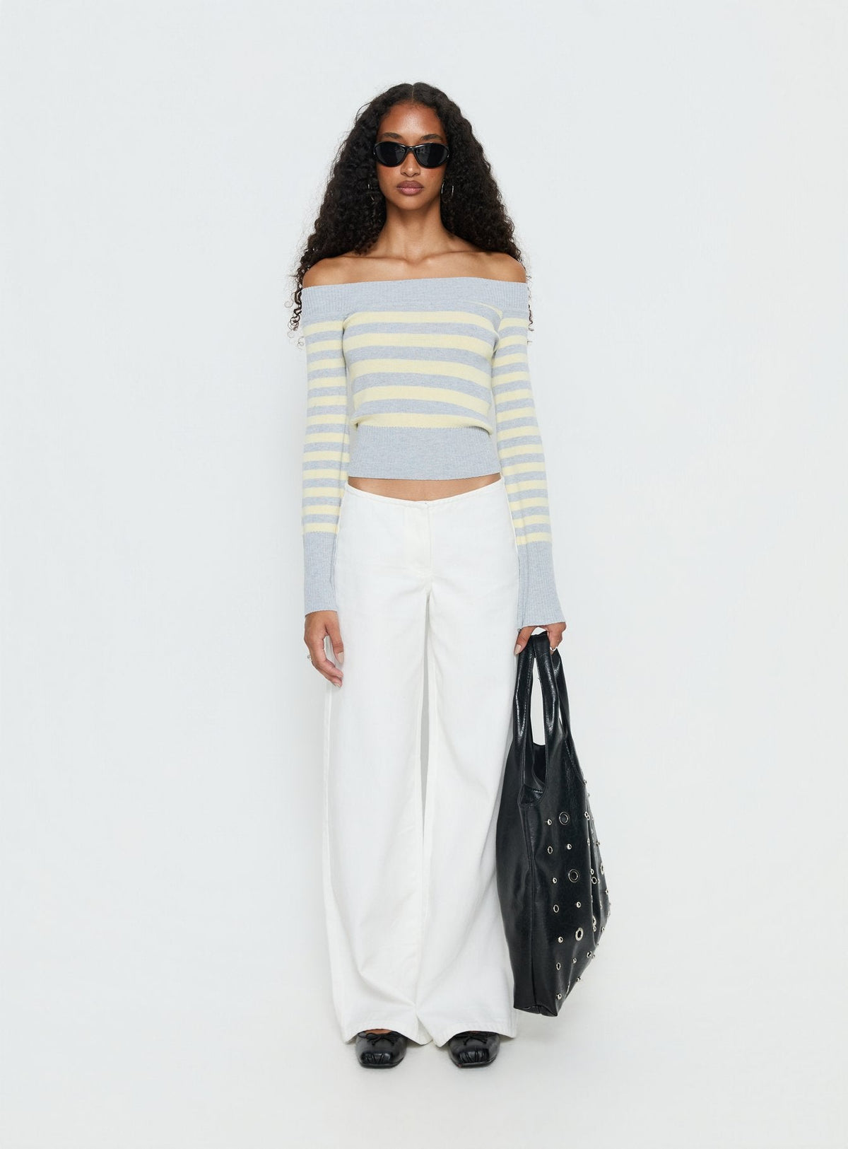 Perrey Long Sleeve Off Shoulder Top Knit Yellow / Grey Stripe