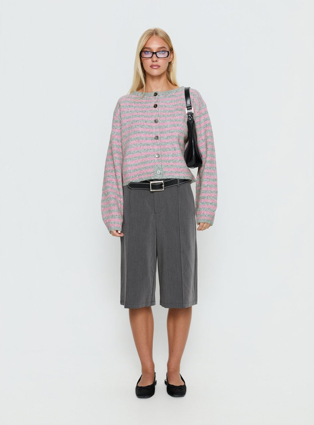 Raynna Button Up Cardigan Pink / Grey Stripe