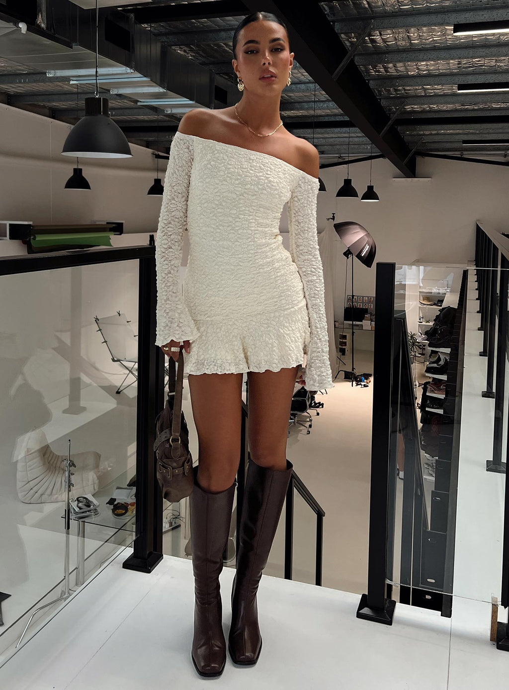Vancesca Off Shoulder Long Sleeve Mini Dress Cream