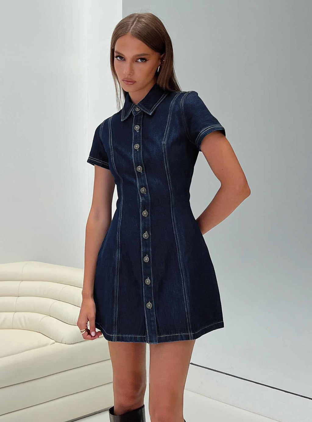 Perception Denim Mini Dress Mid Wash