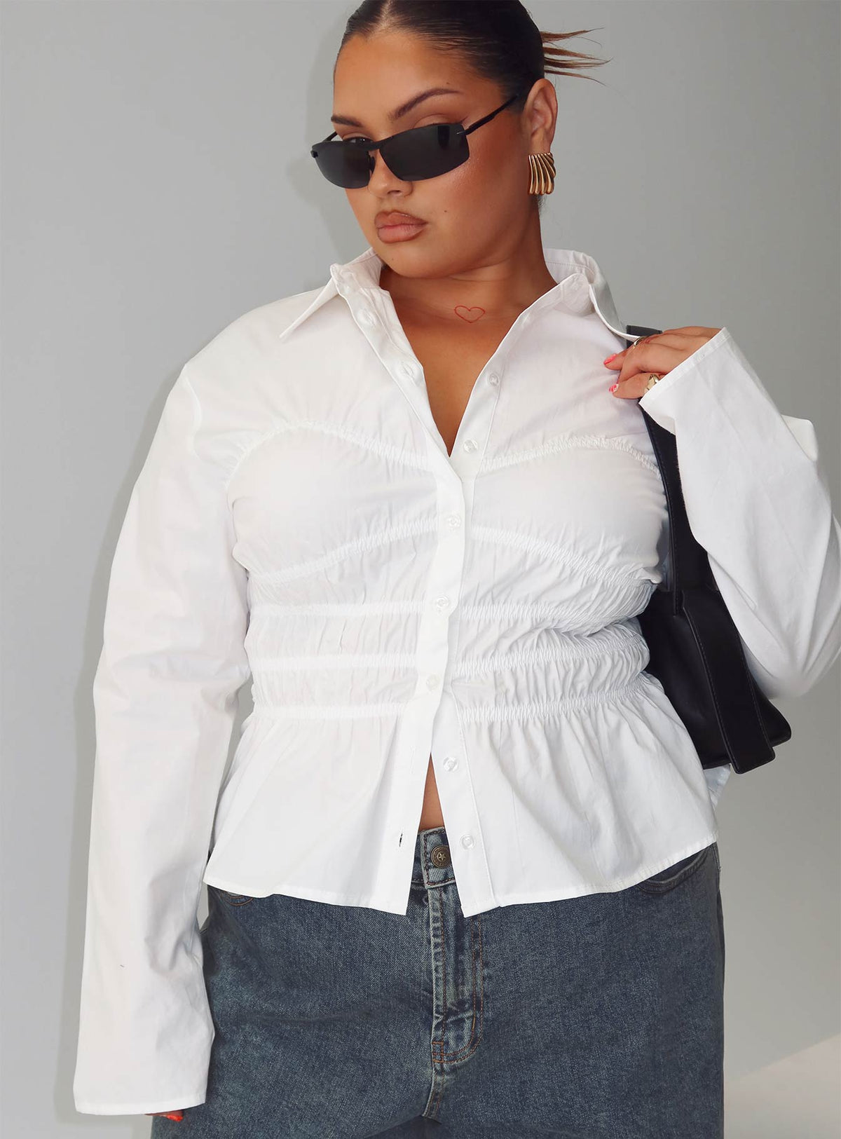 Liesel Shirred Long Sleeve Top White Curve