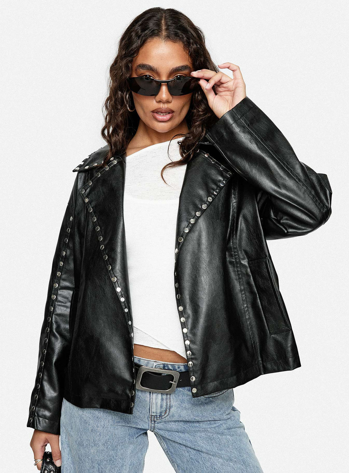 Kaeden Faux Leather Stud Detail Biker Jacket Black